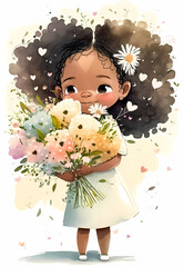 Wall Mural - Watercolor painting of cartoon little African American girl with bouquet of flowers. Nursery art. Generative ai