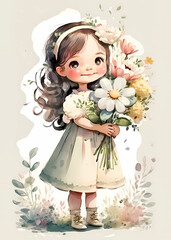 Wall Mural - Cute little girl with a bouquet of flowers. Watercolor painting, wall art, nursery art. Generative ai