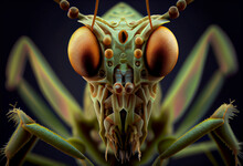 Microscopic Close Up Face Of Pretty Bolbe Pygmaea Mantis Face Generative Ai