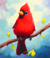 Wall Mural - Portrait of red cardinal bird on a branch with yellow leaves. Digital oil painting. Generative ai