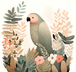 Wall Mural - Cute parrot with tropical plants and flowers. Digital illustration. Generative ai