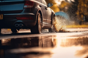 Wall Mural - Splashes and underside of a car wheel with selective focus and blurred background. AI generated, human enhanced.