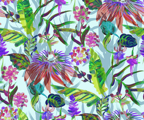 Wall Mural - Seamless pattern with tropical colorful art flowers and palm leaves for textile