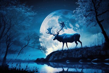 Wall Mural - Enchanted in the Moonlight: A Moonlight Fantasy Elk Scene Generative AI