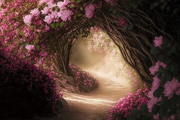 Wall Mural - Enchanting Pathways in a Radiant Garden of Soft Pink Petals Generative AI