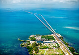 Florida Keys, USA. Aerial view of Highway 1 and Seven Mile Bridge and holiday home apartments condominiums near Marathon