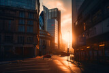 Fototapeta Londyn - London streets at sunset. Road traffic in London. Banking district in city center of United Kingdom. Morning sunrise in England. Cityscape UK. Willis Building, Tower Exchange. AI Generative.