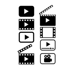 Video related icon set clapperboard, play buttons, video icon, tape icon or camera icon vector illustrations black and white