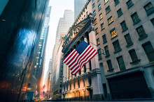 Wall Street In New York. American Flag On Building Of New York Stock Exchange. Federal Reserve Bank And Global Banking Crisis. Dollar Collapse And Exchange Rate. Wall Street, Ai Generative.
