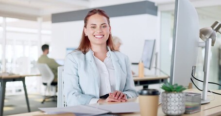 Canvas Print - Business woman, computer desk and contact us smile of company with happy staff doing work on internet with fast wifi network. Entrepreneur portrait of employee typing email for CRM communication