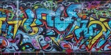 Fototapeta  - Vibrant colors come alive in this street art mural, expressing the artists creativity through a mix of text and graffiti. Full Frame, Generative AI