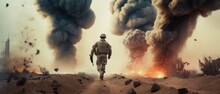 A Soldier Walks Through A Desert With Smoke Coming Out Of His Face. Generative AI