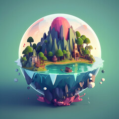 AI illustration of a poly sphere terrarium paradise island with cartoon globe in low polygonal 3D model style. Isometric diorama island with sea, trees, and mountains. Green concept landscape design