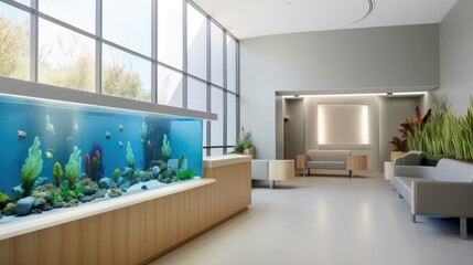 Modern hotel lobby or waiting room interior with an aquarium