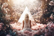 © TRINETTE + CHRIS - Woman meditating in a mystical garden surrounded by crystals and flowers. Generative AI.
