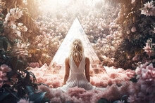 Woman Meditating In A Mystical Garden Surrounded By Crystals And Flowers. Generative AI. 