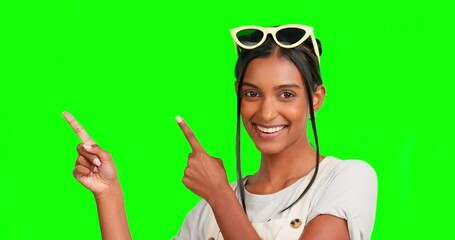 Poster - Green screen face, studio and happy woman point at commercial promotion, advertising copy space or marketing mockup. Portrait, product placement girl and female chroma key model on mock up background