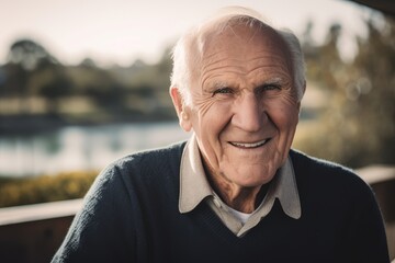 Elderly man with warm blue wool sweater exuding wisdom and trust in bokeh background. Generative AI