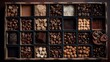 Show box with coffee beans, close-up on many different kinds of coffee beans in wooden box on black background, AI generative