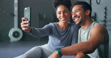 Poster - Asian man, woman or phone selfie in gym workout, training or exercise for social media, health app or fitness vlog. Smile, happy or bonding exercise friends or people on mobile photography technology