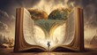 © ImageMaster - An image of a person standing in front of a giant open book, with different subjects and lessons forming a surreal backdrop - Generative AI