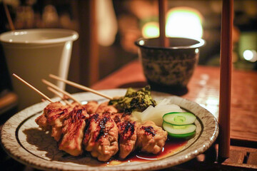 Yakitori, a traditional Japanese type of skewered chicken, on the plate in the Japanese restaurant. Fictional place. Made with Generative AI