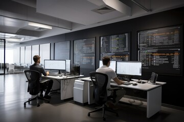 Photo of modern office with lots of computer screens and two persons working. High quality generative ai