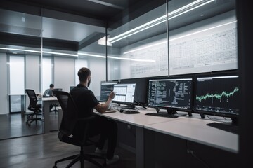 Photo of modern office with lots of computer screens and one person working. High quality generative ai