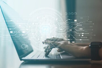 Business For Technology Artificial Intelligence in the futuristic business and coding software development on interface and synchronize network connection, IoT, innovative, AI chat bot, AI generate.