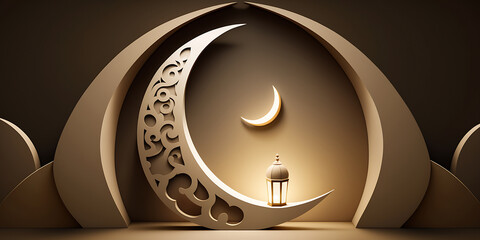 Islamic background with lantern and crescent moon decoration. Generative AI