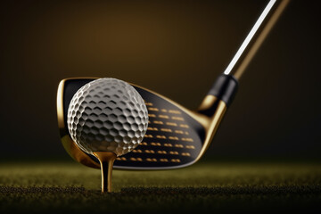 Generative AI image of a golf club hitting the golf ball. Golf is a sport played with clubs and a small, hard ball on a large outdoor course