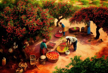 Top view of farmers harvesting fruits in the organic agriculture orchard. People lifestyles and occupation concept. Digital art illustration. Generative AI