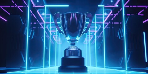 Poster - E-Sports winner trophy at studio illuminated by neon lights with blurred background. Generative AI.