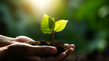 in the hands of trees growing seedlings. green bokeh background. female hand-holding tree in nature 