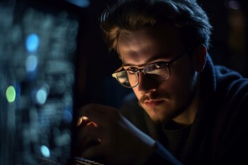Focused developer coder wears glasses working on computer looking at programming code data cyber security digital tech reflecting in spectacles developing software program, focus on eye close up view.
