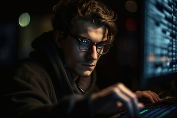 Focused developer coder wears glasses working on computer looking at programming code data cyber security digital tech reflecting in spectacles developing software program, focus on eye close up view.