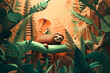 paper art style, Sloth sleeping on a branch Kirigami card: Create a card with a sloth sleeping on a tree branch, amazon animal