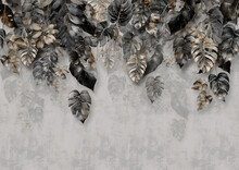 Tropical Leaf Gold And Black Pattern Wallpaper With A Gray Background.
