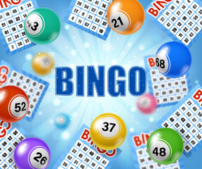 Canvas Print - Bingo lottery tickets and balls. Casino lotto lucky bet, gamble luck opportunity or bingo game jackpot win realistic vector concept. Gambling lottery, fortune chance 3d backdrop with light explosion