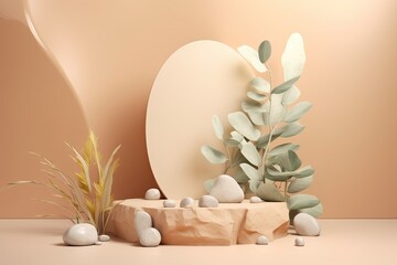 Wall Mural - Premium paper podium with natural stones, pebbles, and plant branches on a pastel background. Mock up for product presentations, therapy, relaxation, and health shows. Generative AI