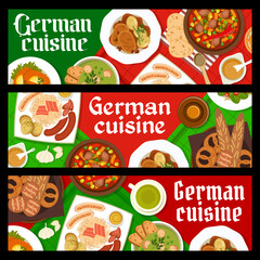 Sticker - German cuisine banners with schnitzel, sauerkraut and bread, Germany dishes and meals food recipe, vector. Germany cuisine dinner with beer and pork meat sausages, Bavarian restaurant menu