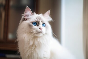 Canvas Print - Beautiful fluffy white ragdoll cat standing on the floor in a brightly lit environment with blue eyes. Beautiful purebred feline pet outside with blurred background. Generative AI