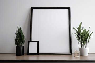 Wall Mural - A white gloss table with a modern black frame that is empty and has decorative grass in it. Light Gray Wall Background (White Blank Advertisement Banner Mock Up Isolated Template). Generative AI