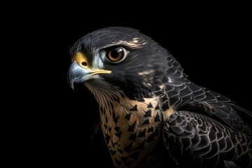 Poster - Black background with a falcon bird raptor. The peregrine falcon is renowned for its quick dives while flying. Generative AI