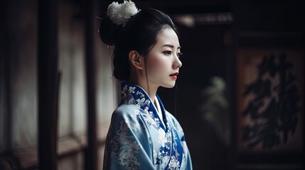 Chinese woman wearing traditional dress Hanfu, Generative AI