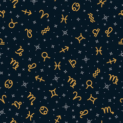 Wall Mural - Zodiac signs seamless pattern, golden horoscope symbols repeating print on dark blue background for fabric, packaging, wrapping paper design. Astrology, esoteric, celestial signs vector illustration