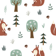 Wall Mural - Seamless vector pattern with cute squirrels in the wood. Woodland Cartoon Animals Background. design for fabric, wrapping, textile, wallpaper, apparel and all your creative project.