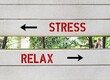 Sign on wall points to different direction with text written STREE and RELAX, concept of stress management, control great worry caused by difficult situation by choose to be relaxed and calm
