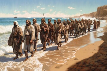 Wall Mural - The Israelites walked into the sea on dry ground. Bible story. Generative AI.