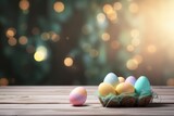 Fototapeta Zachód słońca - Easter eggs on a wooden table with a bokeh background. Generative AI